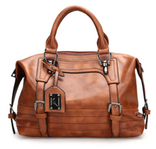 Brown leather small messenger bag + clasp cuff