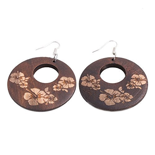 Wooden round circular earrings with flower print
